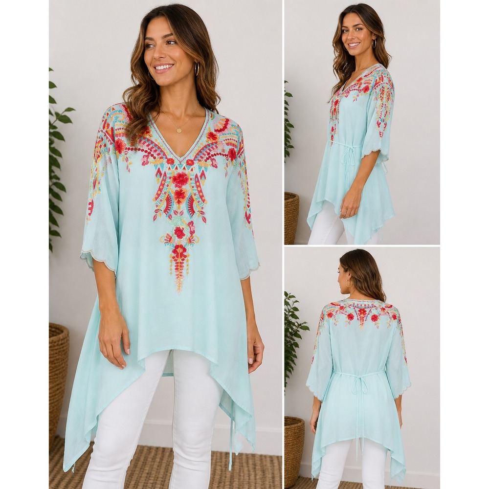 Johnny Was Tunic Top Light Blue Floral Embroidery Boho Handkerchief Hem‎ Size S